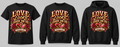 Love Looks Good on Us black tee crewneck and hoodie lineup