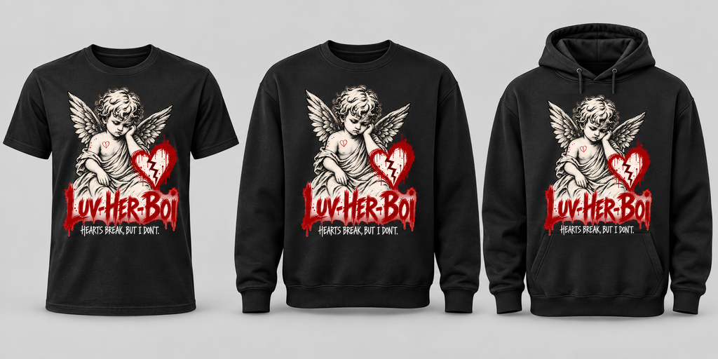 Black premium T-shirt, crewneck, and hoodie featuring Luv-Her-Boi