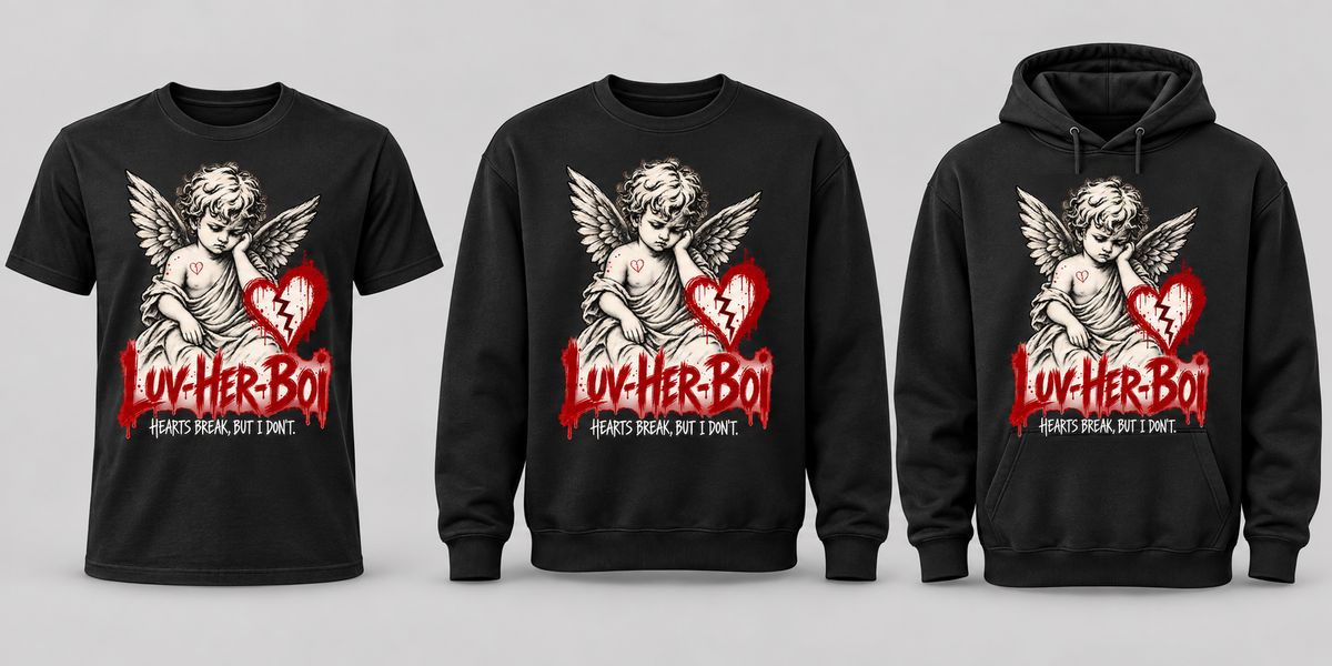 Black premium T-shirt, crewneck, and hoodie featuring Luv-Her-Boi