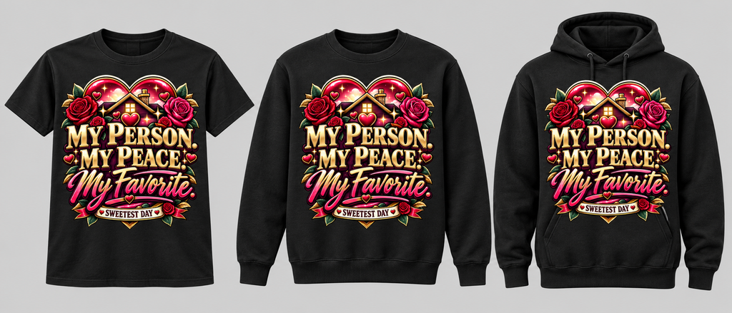 My Person My Peace black tee crewneck and hoodie lineup