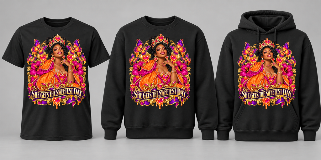 Black premium T-shirt, crewneck, and hoodie featuring She Gets the Sweetest Day