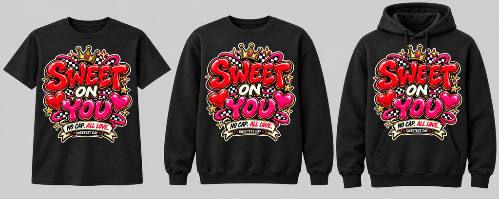 Sweet on You black tee crewneck and hoodie lineup