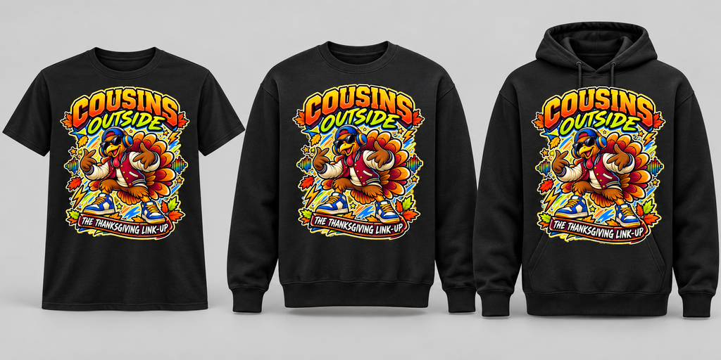 Black premium T-shirt, crewneck, and hoodie featuring Cousins Outside