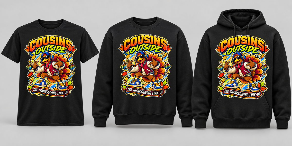 Black premium T-shirt, crewneck, and hoodie featuring Cousins Outside