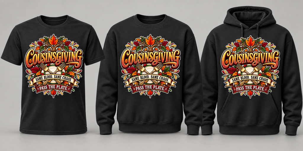 Black premium T-shirt, crewneck, and hoodie featuring Cousinsgiving