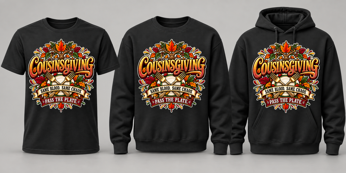 Black premium T-shirt, crewneck, and hoodie featuring Cousinsgiving