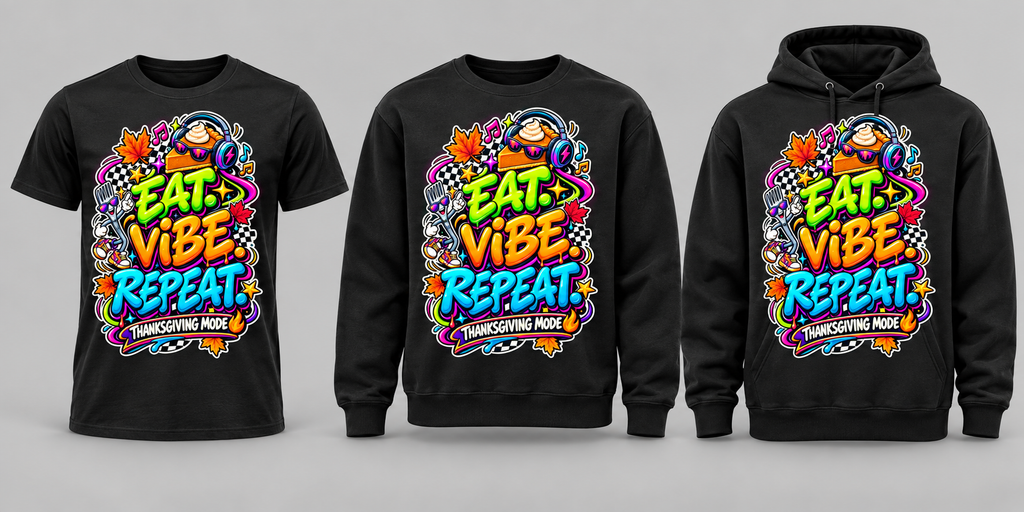 Black premium T-shirt, crewneck, and hoodie featuring Eat Vibe Repeat