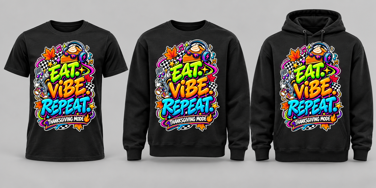 Black premium T-shirt, crewneck, and hoodie featuring Eat Vibe Repeat