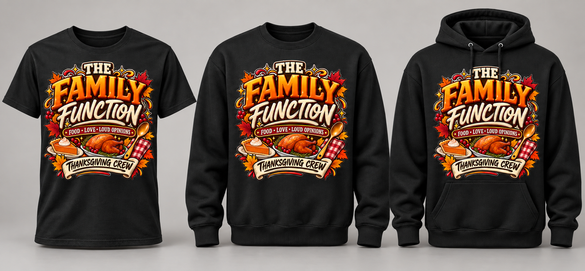 Black premium T-shirt, crewneck, and hoodie featuring The Family Function