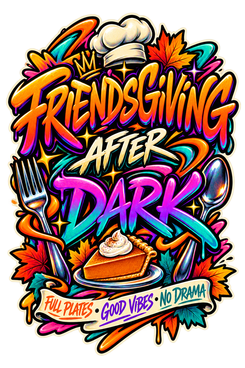 Friendsgiving After Dark Full Plates Good Vibes No Drama print artwork