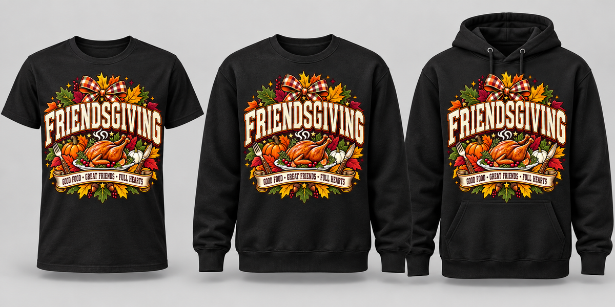 Black premium T-shirt, crewneck, and hoodie featuring Friendsgiving